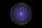 Gold mandala of sacred ancient geometry. Chakra symbols, Ajna, dark blue color, Third eye Chakra. Alchemy, religion logo icon