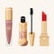 Gold Mascara Tube and lipstick cosmetics vector set. Isolated on beige background. Beauty accessories collection. Flat style