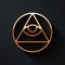 Gold Masons symbol All-seeing eye of God icon isolated on black background. The eye of Providence in the triangle. Long