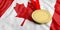 Gold medal on Canada flag. Horizontal, full frame closeup view. 3d illustration