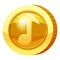 Gold Medal Coin Music Note symbol. Golden token for games, user interface asset element. Vector illustration