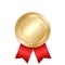 Gold medal. Golden winner award with red ribbon. Vector blank medallion prize.