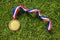 Gold medal on grass of track and field with blank face for text, concept for winning or success