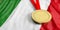 Gold medal on Italy flag. Horizontal, full frame closeup view. 3d illustration