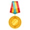 Gold medal with multi colored ribbon.