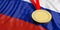 Gold medal on Russia flag. Horizontal, full frame closeup view. 3d illustration