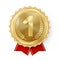 Gold Medal Vector. Golden 1st Place Badge. Sport Game Golden Challenge Award. Red Ribbon. Isolated. Olive Branch
