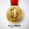 Gold Medal Vector. Metal Realistic First Placement Achievement. Round Medal With Red Ribbon, Relief Detail Of Laurel Wreath And St