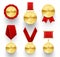 Gold medals with red rosette or ribbons realistic set. Round medallions  awards