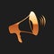 Gold Megaphone icon isolated on black background. Long shadow style. Vector