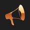 Gold Megaphone icon isolated on black background. Long shadow style. Vector