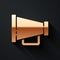 Gold Megaphone icon isolated on black background. Speaker sign. Long shadow style. Vector.