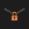 Gold Metal chain and lock icon isolated on black background. Padlock and steel chain. Long shadow style. Vector