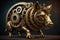 Gold metal piggy bank with gears and cogwheels on a dark background. generative ai