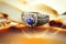 Gold metal ring with blue stone save inscription