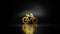 Gold metal symbol of bicycle without rider 3D with blurry reflection on floor with dark background