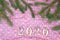 Gold metallic numbers 2020 on a pink background with white polka dots, branches of a green Christmas tree on top