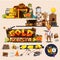 Gold mine with graphic elements. Miner character design. gold ru