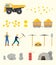 Gold mining set collection objects with people and other tools - vector illustration