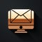 Gold Monitor and envelope, new message, mail icon isolated on black background. Usage for e-mail newsletters, headers