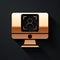 Gold Monitor with face recognition icon isolated on black background. Face identification scanner icon. Facial id. Cyber