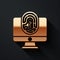 Gold Monitor with fingerprint icon isolated on black background. ID app icon. Identification sign. Touch id. Long shadow