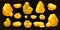 Gold nugget vector icon set, golden game UI stone kit, cartoon treasure amber rock isolated on black.