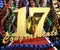 Gold number seventeen with the word congratulate on a background of colorful ribbons and salute. 3D illustration