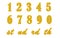 Gold numbers with endings made of golden texture isolated on white background.