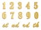 Gold numbers with endings made of golden texture isolated on white background.