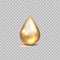 Gold oil drop. Petrol golden droplet. 3D falling blob on transparent background. Shiny liquid cosmetic essence or yellow