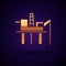 Gold Oil platform in the sea icon isolated on black background. Drilling rig at sea. Oil platform, gas fuel, industry