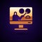 Gold Online education and graduation icon isolated on black background. Online teacher on monitor. Webinar and video
