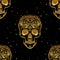Gold ornamental sugar skull seamless pattern. Dia de los Muertas