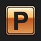 Gold Parking sign icon isolated on black background. Street road sign. Long shadow style. Vector