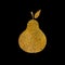 Gold pear with glitter effect. Cute isolated fruit on black background. Food concept. Glowing gold banner. Autumn
