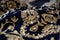 Gold and pearl embroidery on blue velvet