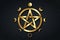 Gold Pentacle circle symbol and Phases of the moon. Wiccan symbol, full moon, waning, waxing, first quarter, gibbous, crescent