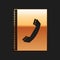 Gold Phone book icon isolated on black background. Address book. Telephone directory. Long shadow style. Vector
