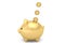 Gold piggy bank with coins falling into slot isolated on white.3D illustration