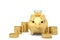 Gold piggy bank with gold coin stacks.3D illustration