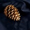 Gold pinecone isolated on black silk. luxury background.