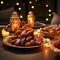 gold plate filled with dry dates placed on a wooden table