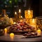 gold plate filled with dry dates placed on a wooden table