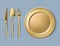 Gold plate, fork, spoon and knife