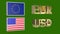 Gold plated EUR and USD symbols along with the flags of EU and USA on a neutral green background. Finance concept. Rendering 3D.