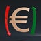 Gold-plated euro symbol surrounded by two arrows - green pointing up and red pointing down on a dark background.