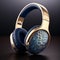 Gold Plated Headphones With Blue Paisley Pattern - Meticulous Photorealistic Design