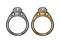 Gold and platinum rings with diamond. Vintage color vector engraving