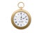 Gold pocket watch. Old chronometer dial. Ancient fob clock. Golden luxury realistic stopwatch. Transparent glass. Retro